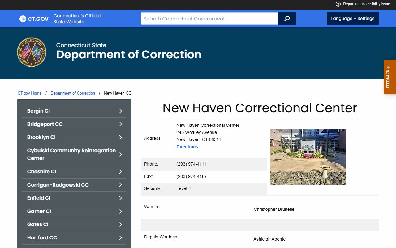 New Haven Correctional Center inmate population facility