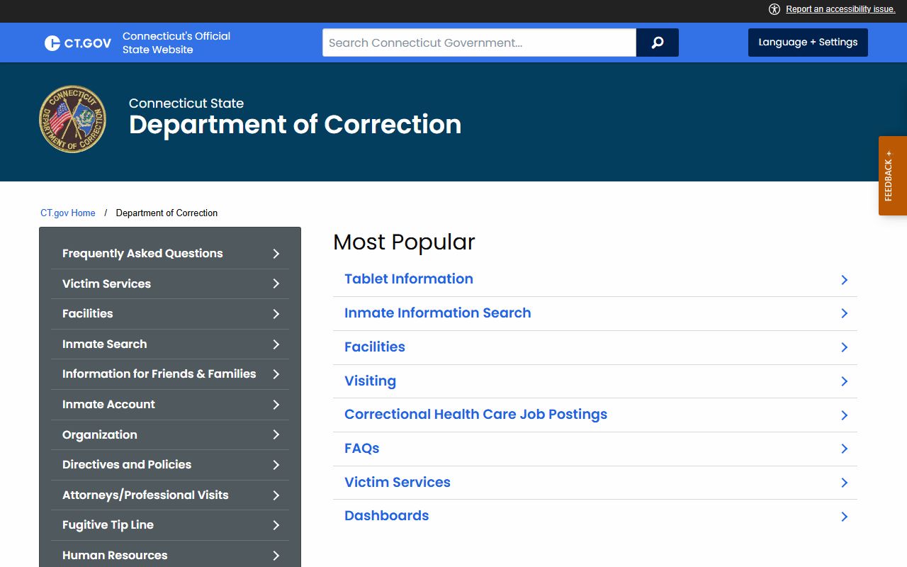 Connecticut Department of Correction official website homepage