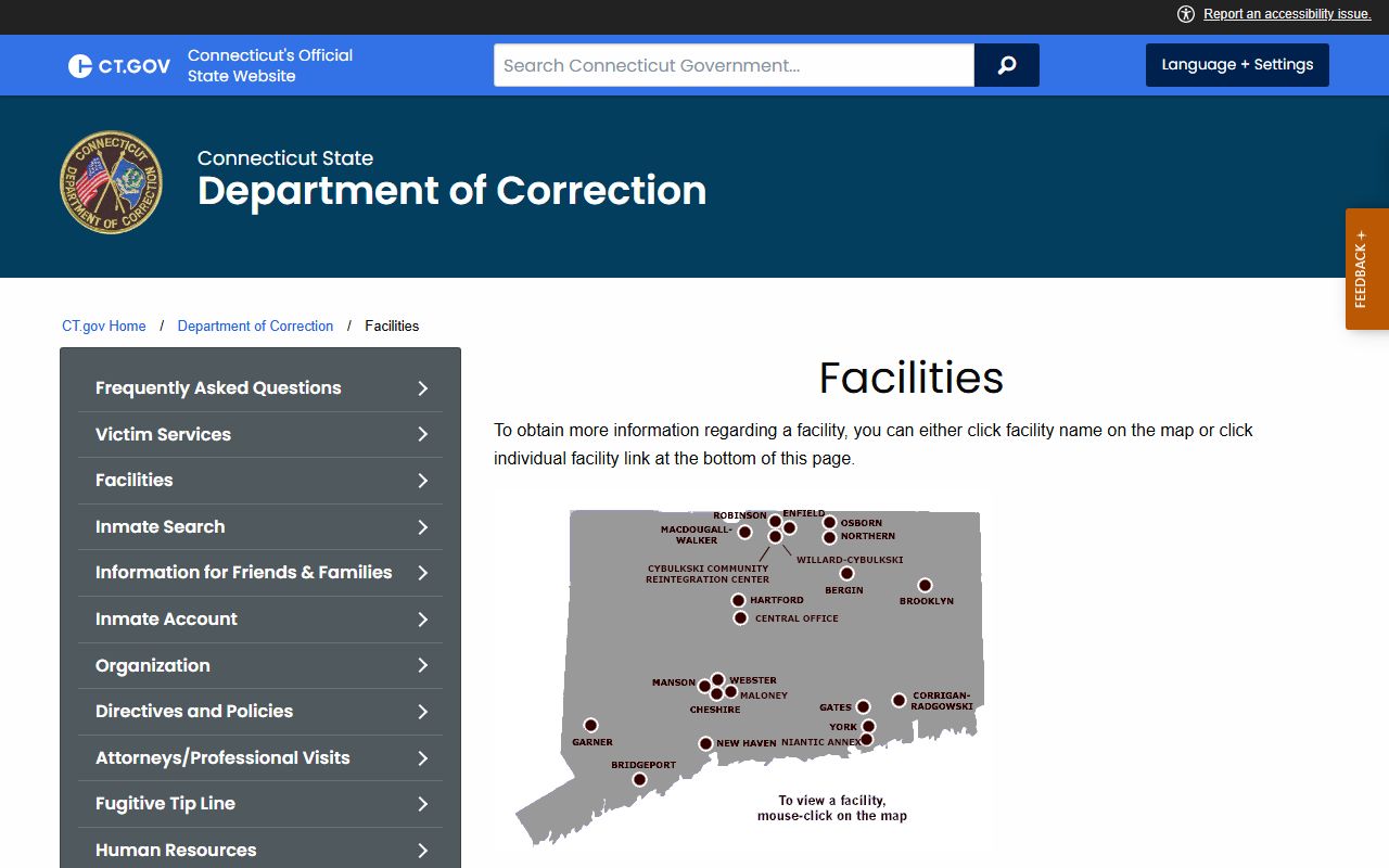 Connecticut DOC facilities list and directory page