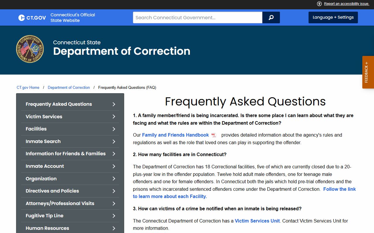 Connecticut DOC frequently asked questions FAQ page