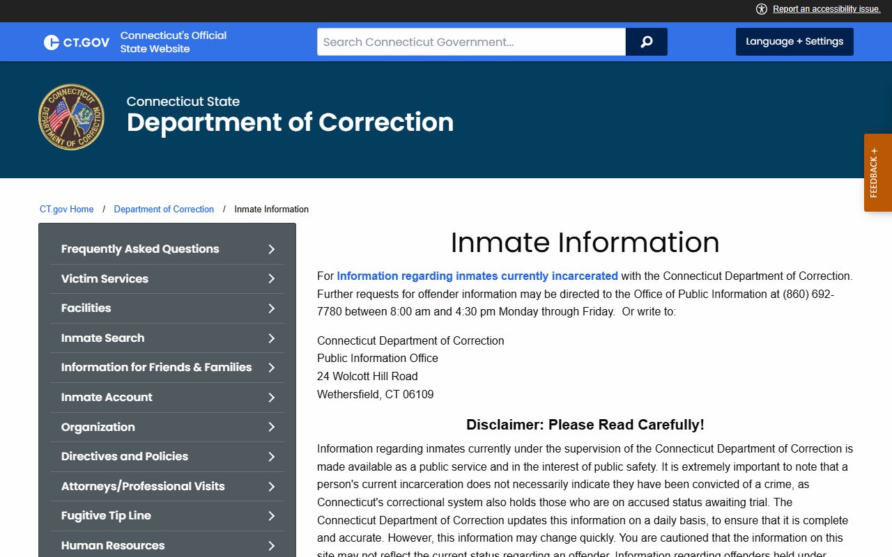 Connecticut DOC inmate information page with search instructions