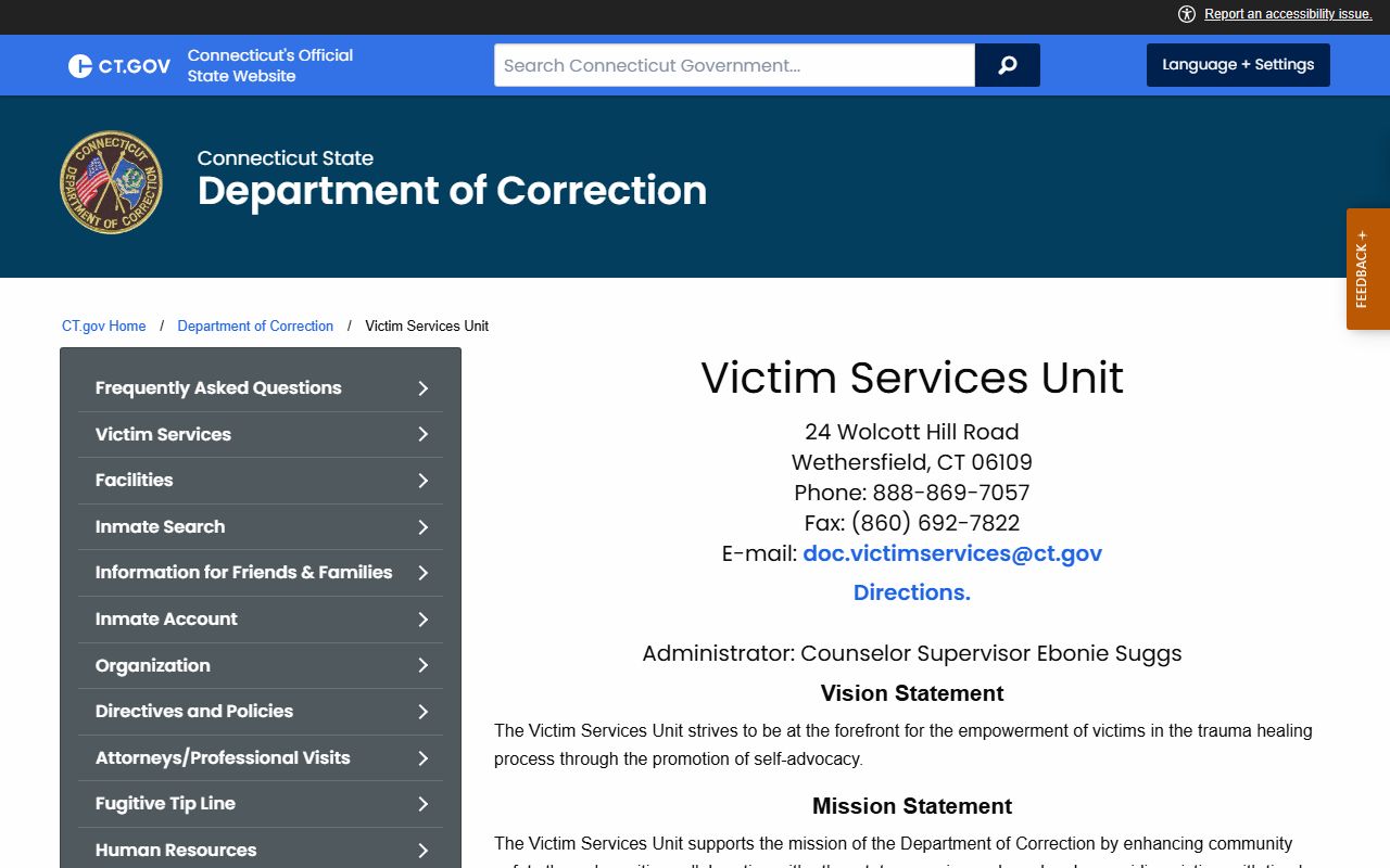 Connecticut DOC victim services unit program page