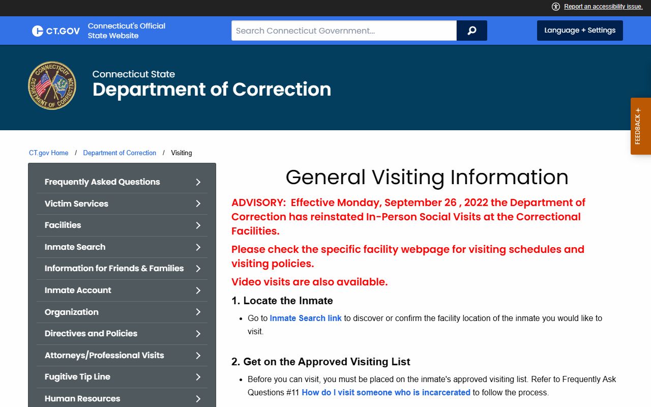 Connecticut DOC visiting information and guidelines page